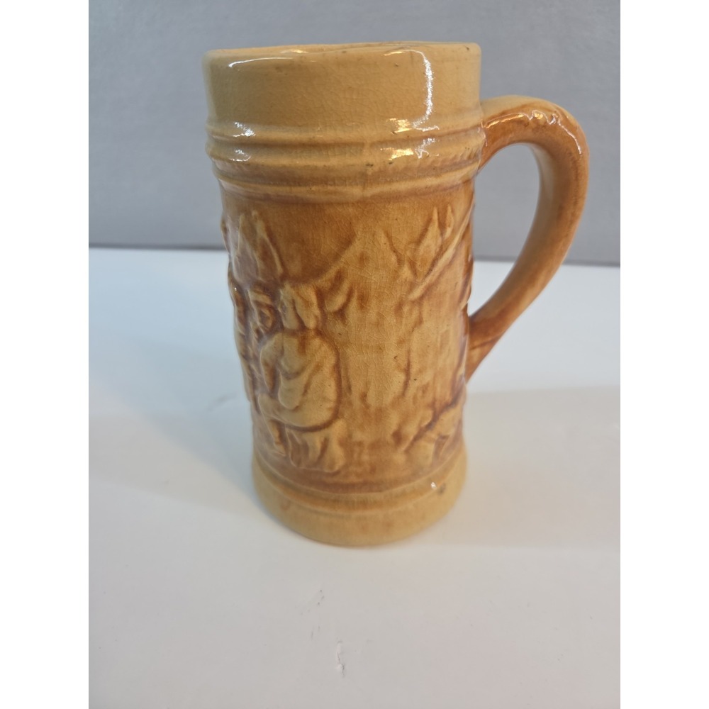 Antique 1920's Hull Stein Mug Yellow Ware Brown Embossed Scene‎ Pottery 492